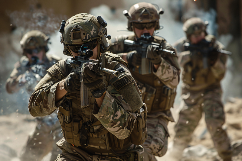 żołnierze w okularach i z bronią